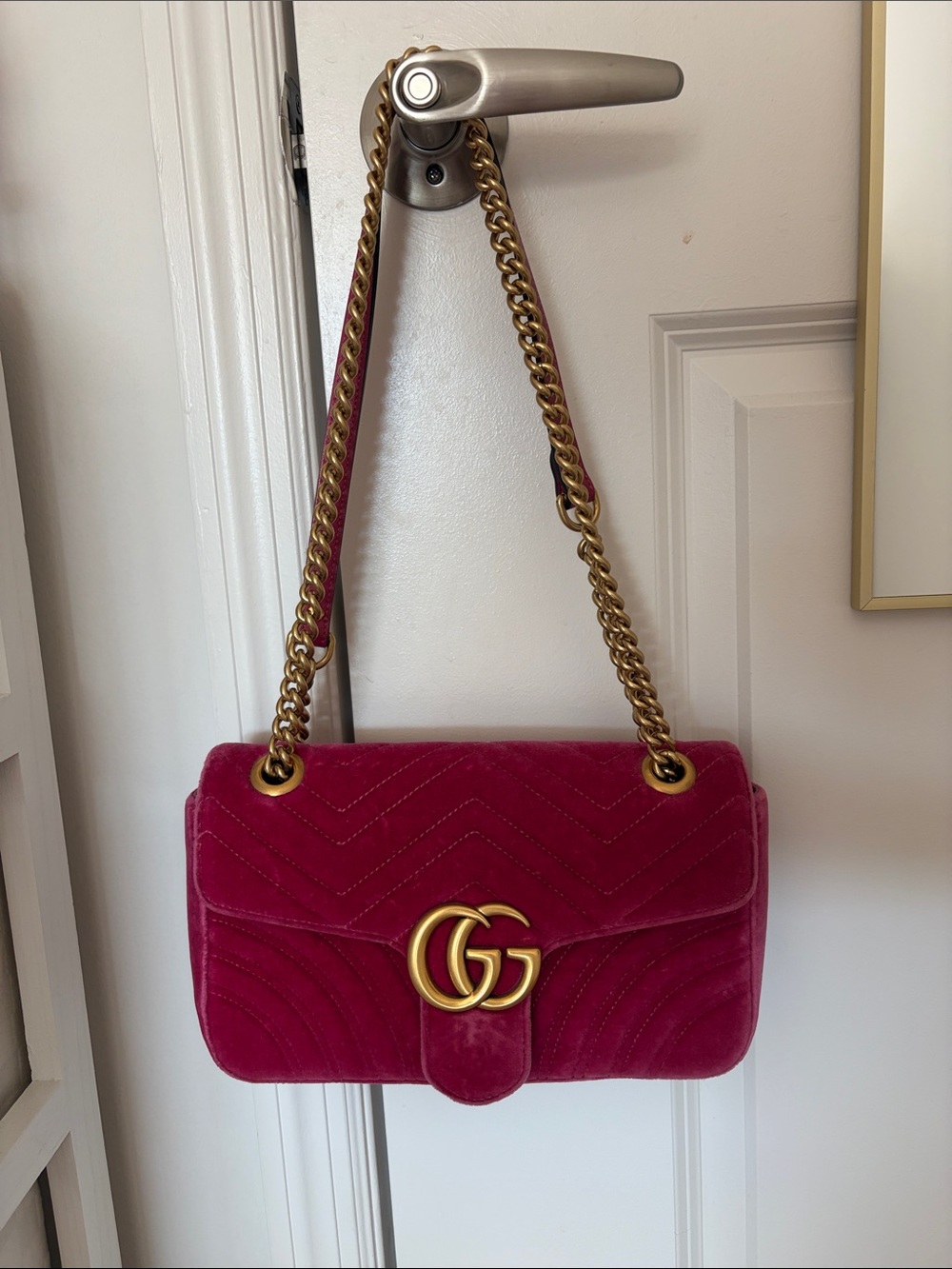 Gucci GG Marmont Pink Velvet Shoulder Bag with Gold Hardware